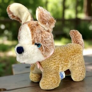Vintage Gund Puppy Dog Plush Stuffed Animal Toy Blue Eyes Pink Bow 9"